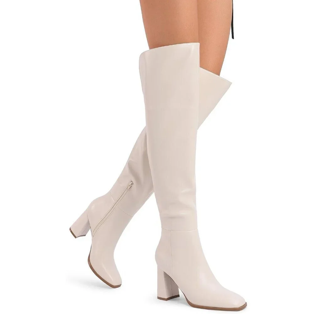 Women's White Faux Leather Thigh High Block Chunky Heeled Knee High Long Boots